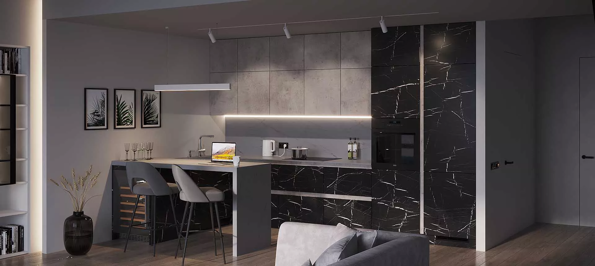 Камень Пьетра Гриджиа чёрный / Бетон Чикаго светло-серый 